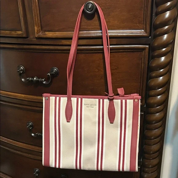 NWOT Kate Spade Market Striped Canvas Medium Tote in red jasper multi - Picture 1 of 8